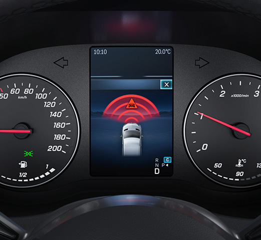 The dashboard of a Mercedes-Benz Cargo Van displaying a visual warning from the Active Brake Assist safety feature. 